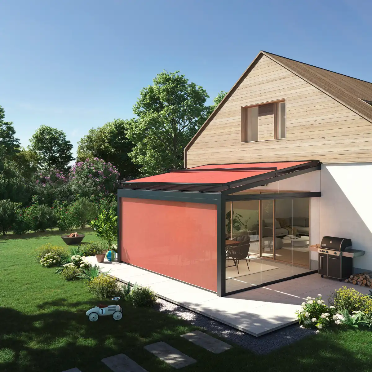 Aufdachmarkise für den Wintergarten Moderne Terrasse mit Wintergarten und roter Markise